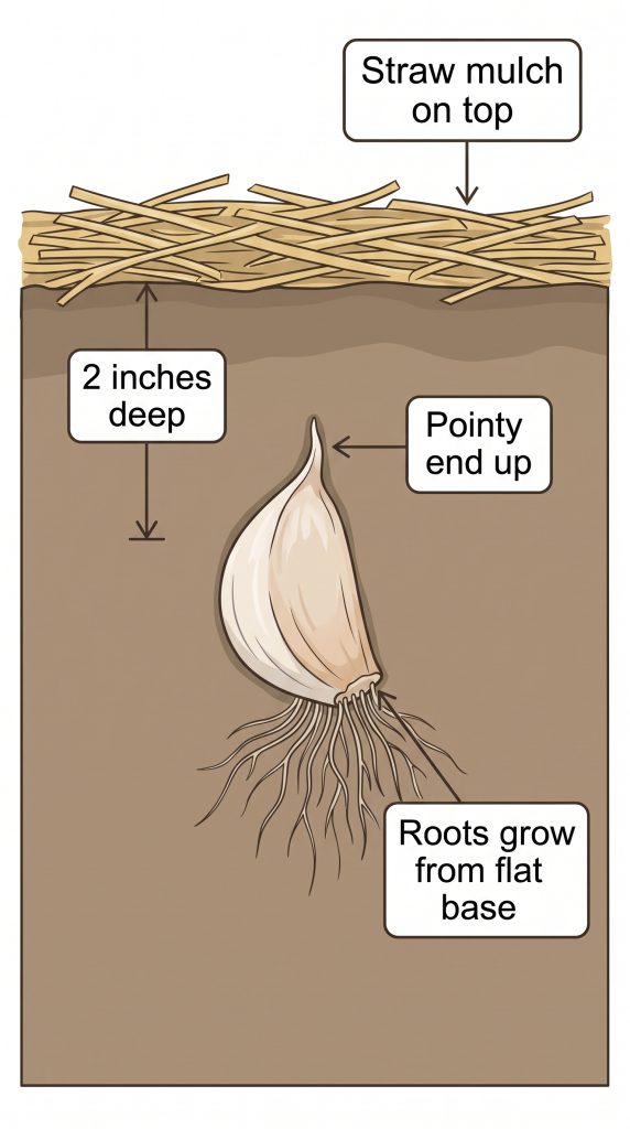 Cross-section diagram showing how to plant a garlic clove correctly: 2 inches deep, pointy end up, flat base down where the roots grow, topped with a layer of straw mulch.