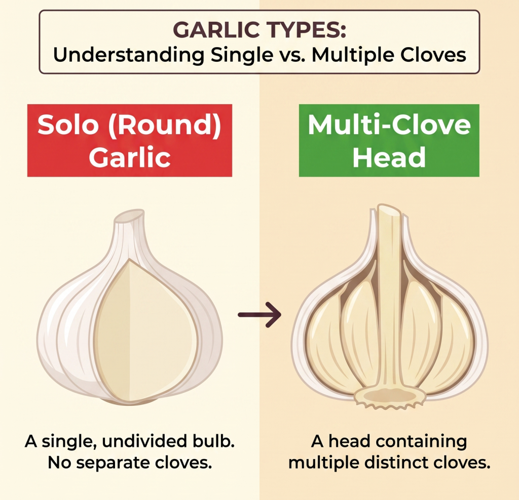 Diagram comparing garlic types: a solo (round) garlic — a single undivided bulb with no separate cloves — beside a multi-clove head containing multiple distinct cloves.